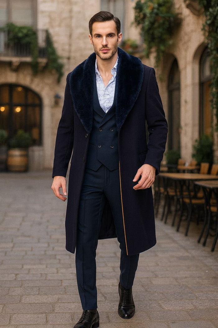 Mens Navy Blue Overcoat with Faux Fur Collar - Luxury Long Winter Coat for Formal and Casual Wear Topcoat by USA Men's Outlet