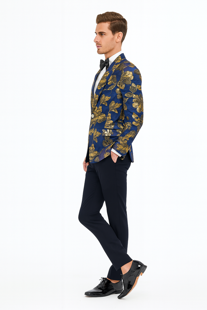 Mens Navy Blue and Gold Floral Tuxedo Jacket - Luxury Slim Fit Blazer with Gold Pattern Paisley Pattern Matching Bowtie by USA Men's Outlet