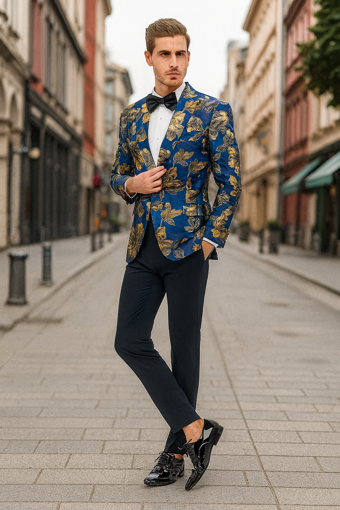Mens Navy Blue and Gold Floral Tuxedo Jacket - Luxury Slim Fit Blazer with Gold Pattern Paisley Pattern Matching Bowtie by USA Men's Outlet