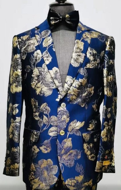 Mens Navy Blue and Gold Floral Tuxedo Jacket - Luxury Slim Fit Blazer with Gold Pattern Paisley Pattern Matching Bowtie by USA Men's Outlet