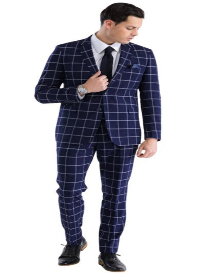 Mens Plaid Suit - Windowpane Pattern With Vest - Business Suit Navy by USA Men's Outlet