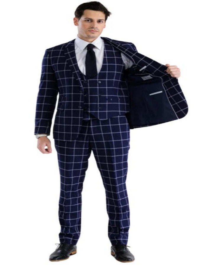 Mens Plaid Suit - Windowpane Pattern With Vest - Business Suit Navy by USA Men's Outlet