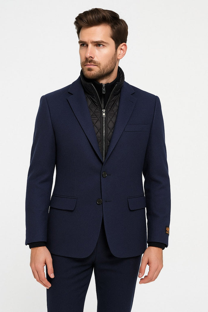 Mens Navy Cashmere and Wool Blazer with Quilted Zip-Up Inner Layer - Two Button Style Notch Lapel by USA Men's Outlet