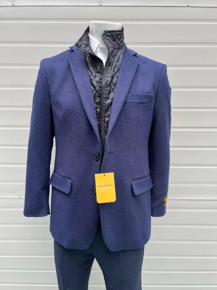 Mens Navy Cashmere and Wool Blazer with Quilted Zip-Up Inner Layer - Two Button Style Notch Lapel by USA Men's Outlet