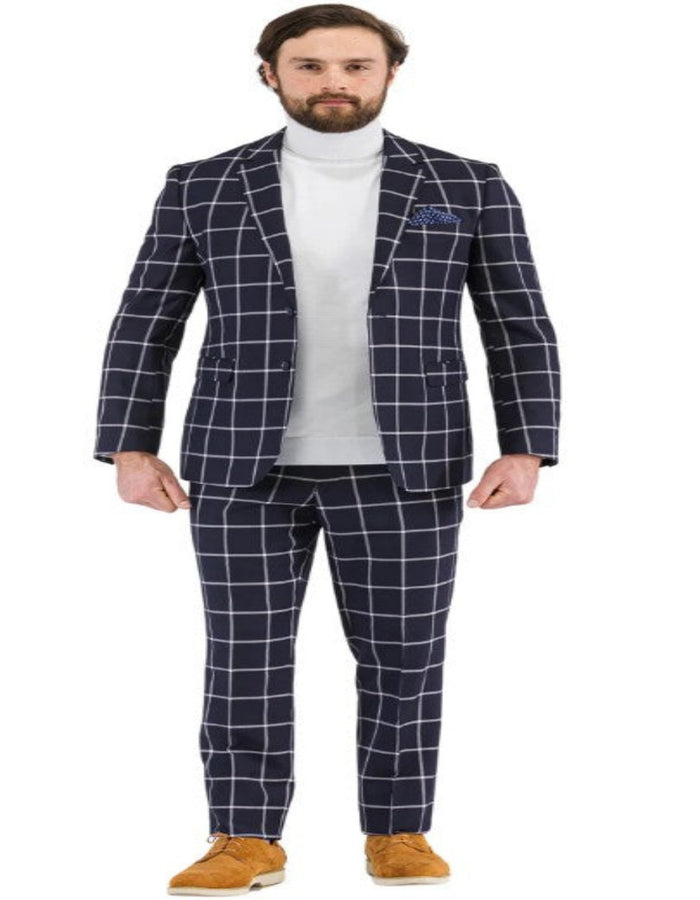 Mens Plaid Suits - Windowpane Pattern With Vest -Business Suit Navy by USA Men's Outlet