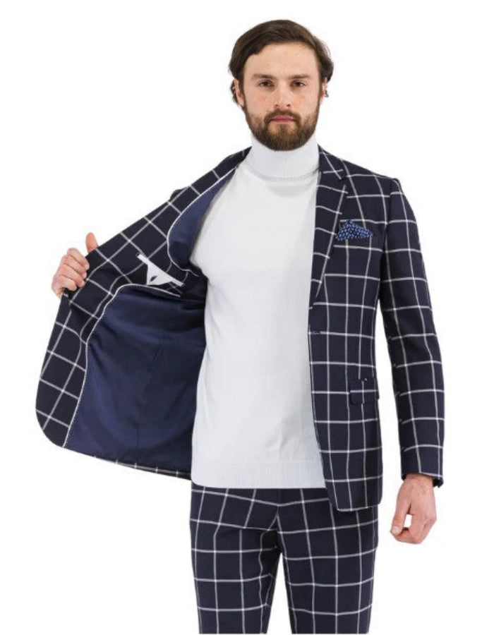 Mens Plaid Suits - Windowpane Pattern With Vest -Business Suit Navy by USA Men's Outlet