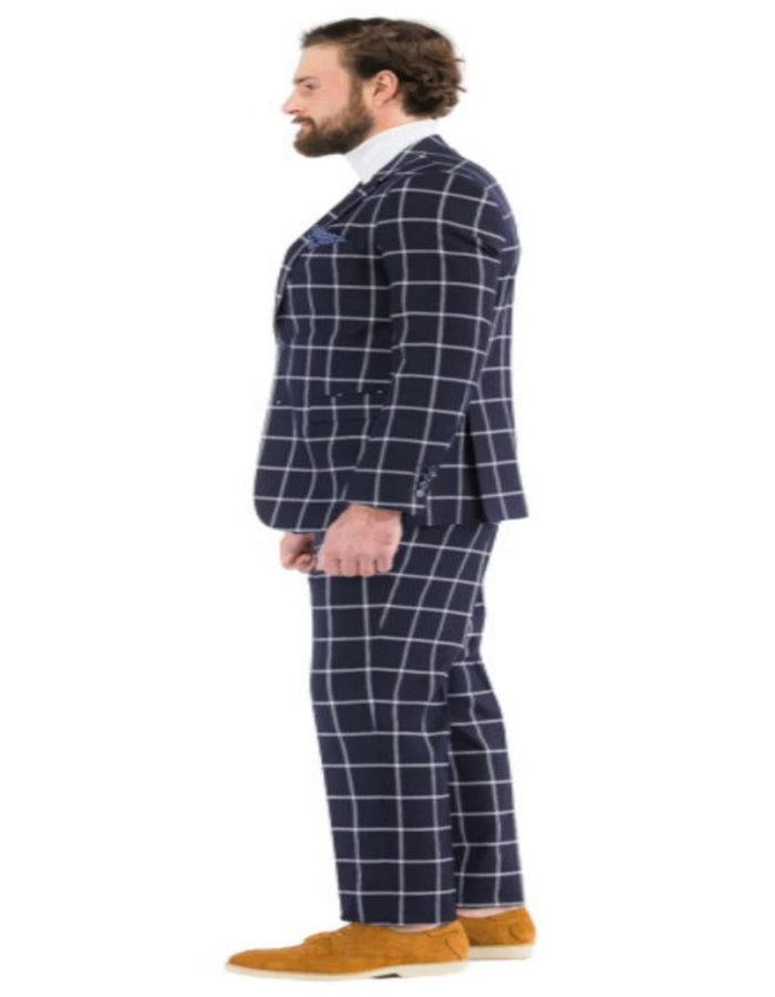 Mens Plaid Suits - Windowpane Pattern With Vest -Business Suit Navy by USA Men's Outlet
