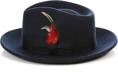 Gangster 100% Australian Wool Crushable Mens Fedora Hat - Removable Feather Gangster Navy Blue Mens Fedora Hat
