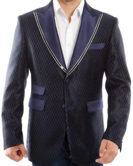 Navy Blue And Gold Trim Tuxedo Dinner Jacket - Navy Blue Blazer by PROMTUXEDO