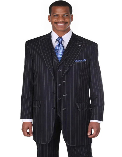 Pleated Dress Men Suits - Mens Vintage Vested Gangster Bold Pinstripe Navy Blue Fashion Suit by Men's Tuxedo USA