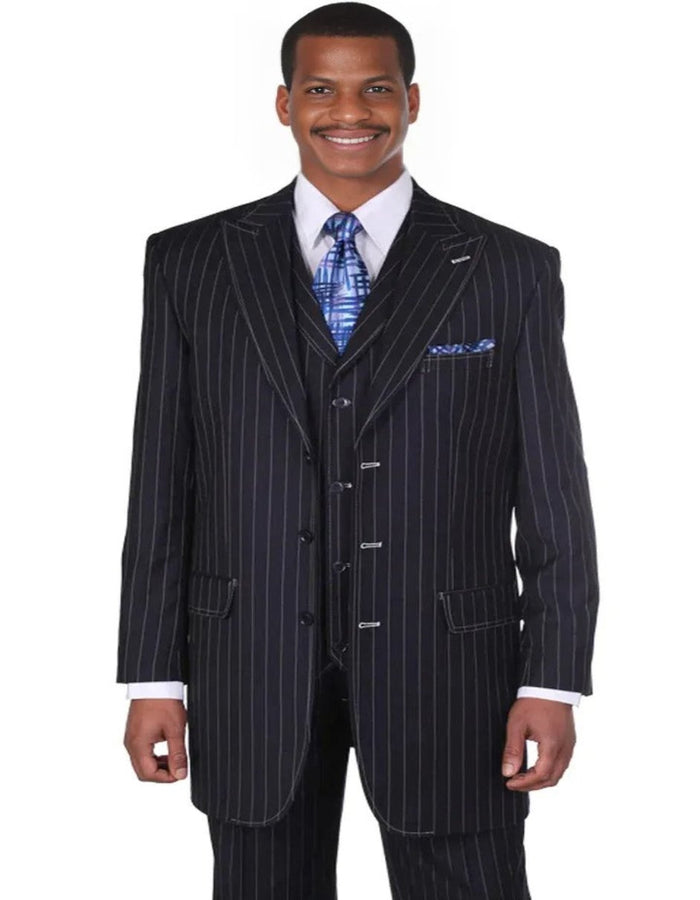 Pleated Dress Men Suits - Mens Vintage Vested Gangster Bold Pinstripe Navy Blue Fashion Suit by Men's Tuxedo USA