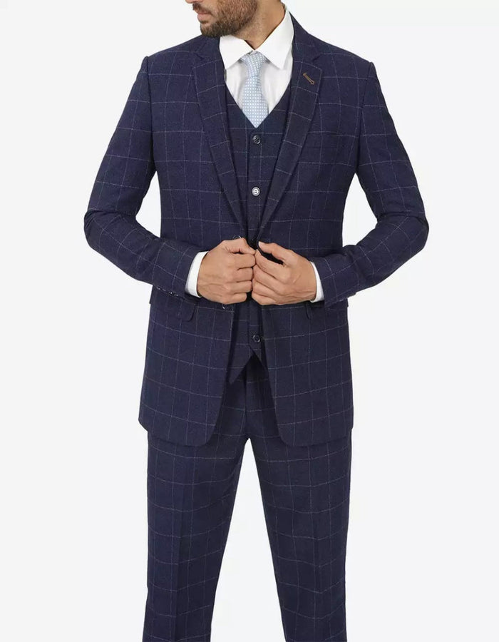 Mens Navy Blue Check 3 Piece 1920s Vintage inspired Suit by USA Men's Outlet