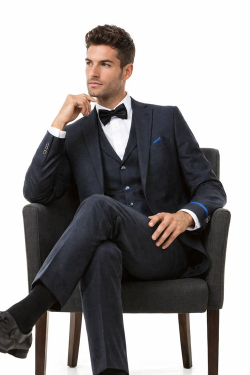  Navy Blue Vintage Tweed Wedding Suit 