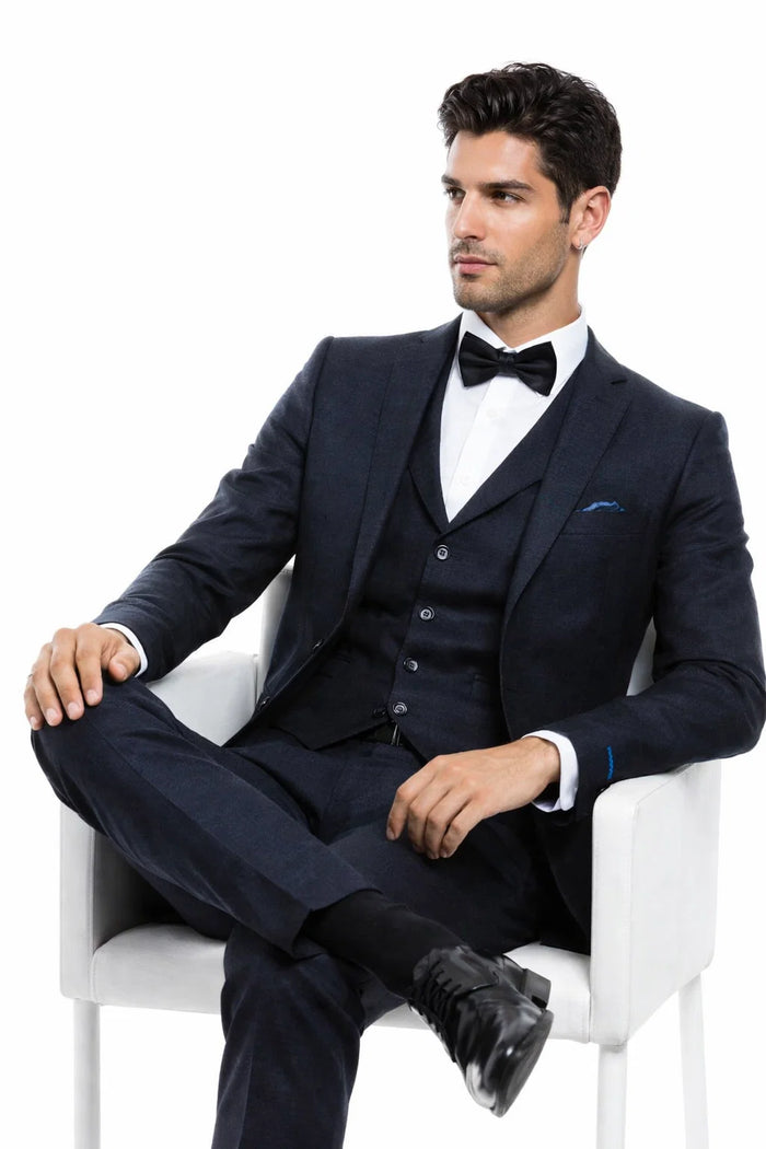  Navy Blue Vintage Tweed Wedding Suit 