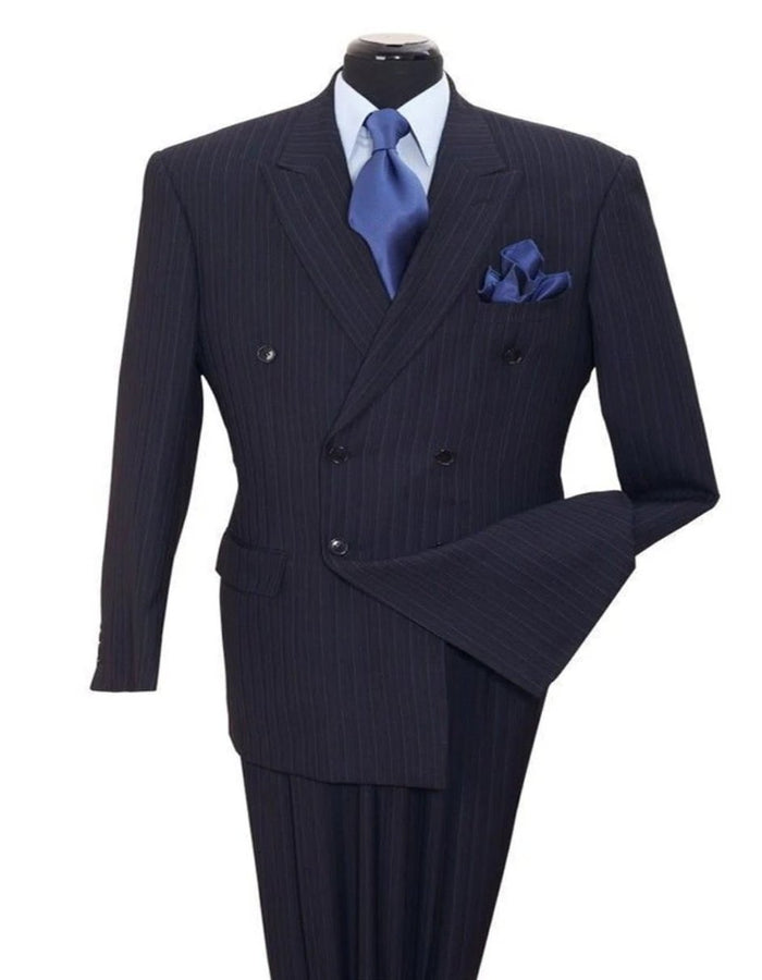 Pleated Dress Men Suits - Mens Classic Double Breasted Smooth Pinstripe Navy Suit by Men's Tuxedo USA