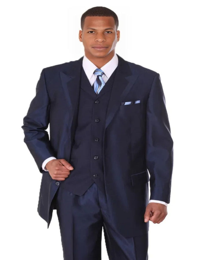 Pleated Dress Men Suits - Mens 3 Button Vested Wide Peak Lapel Two Tone Navy Blue Sharkskin Suit by Men's Tuxedo USA