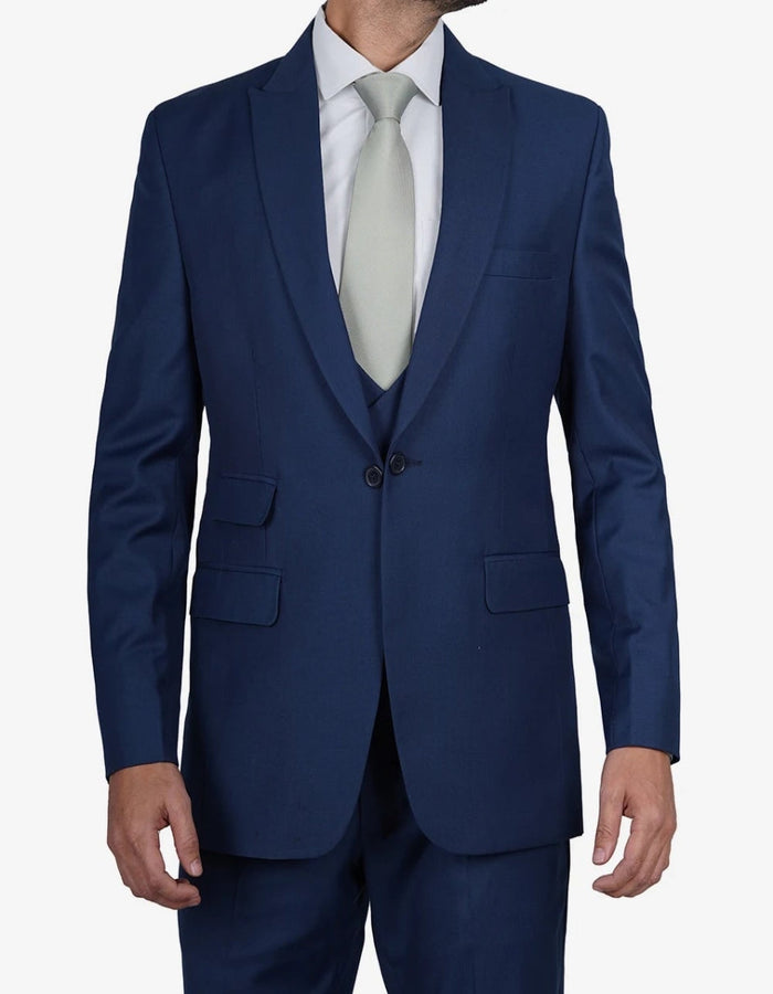 Mens Blue 3 Piece Wedding Vollmer Peak Lapel Suit by USA Men's Outlet