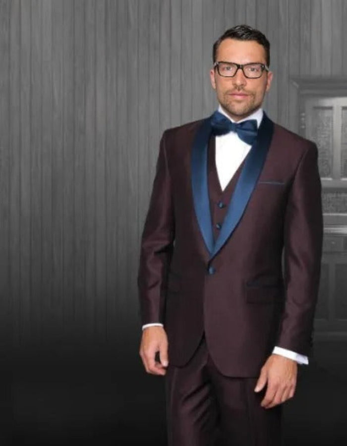 Burgundy Tuxedo - Maroon Burgundy Color - Men's Burgundy Tuxedo Shawl Lapel Navy Blue by Men's Tuxedo USA