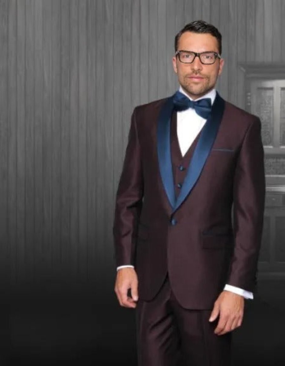 Burgundy Tuxedo - Maroon Burgundy Color - Men's Burgundy Tuxedo Shawl Lapel Navy Blue by Men's Tuxedo USA