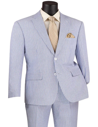 Mens Two Piece Summer Seersucker Modern Fit Navy Blue Pinstripe Suit