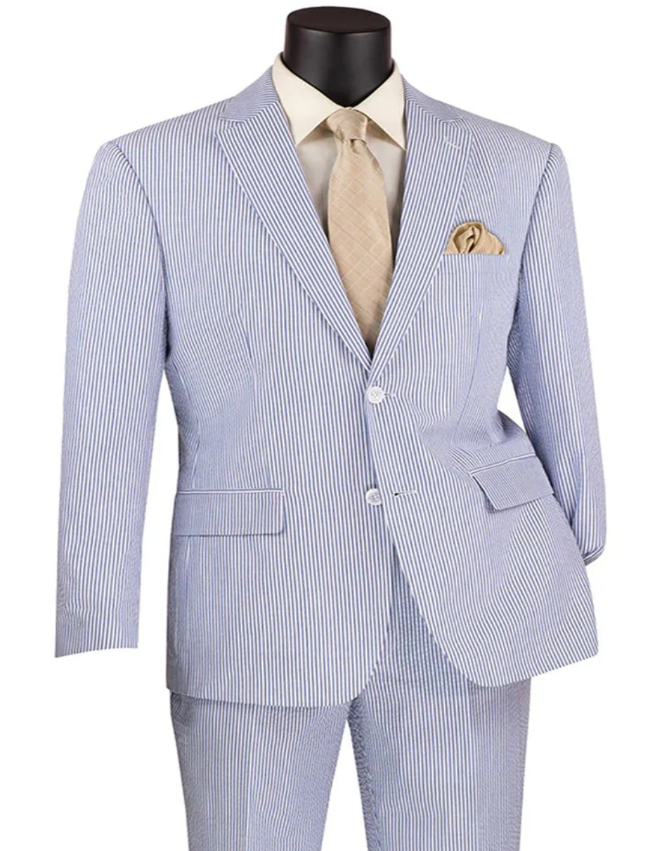 Mens Two Piece Summer Seersucker Modern Fit Navy Blue Pinstripe Suit
