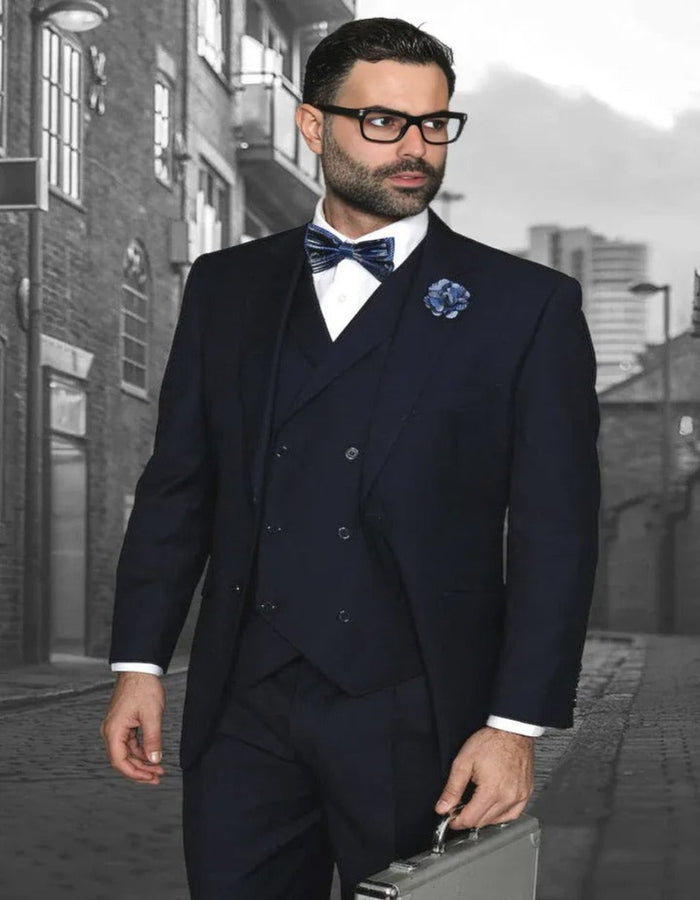 Pleated Dress Men Suits - Men's Designer Classic Fit Pleated Pant Wool Double Breasted Navy Blue Suit by Men's Tuxedo USA