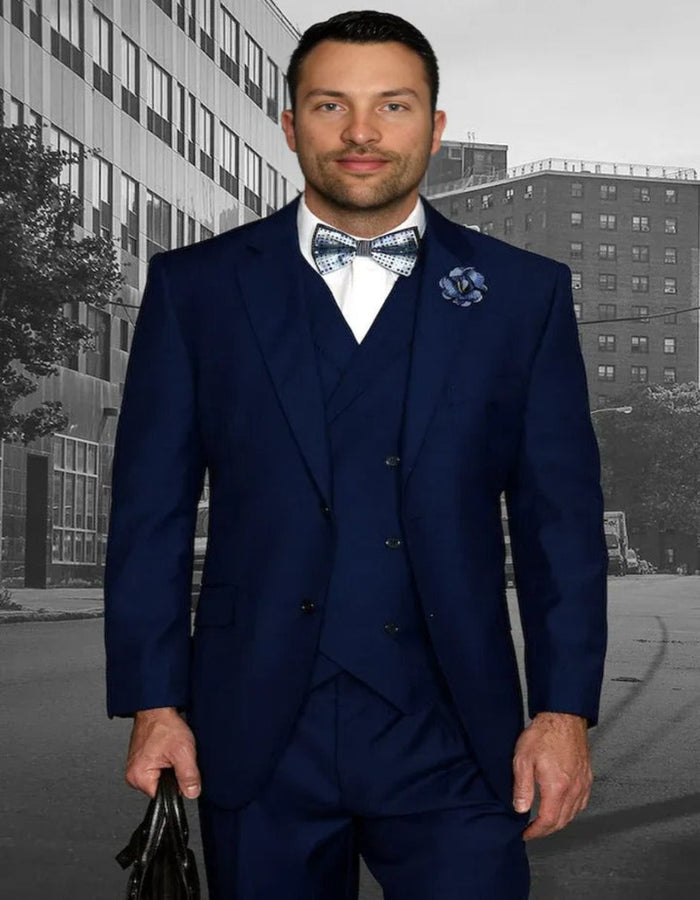 Pleated Dress Men Suits - Men's Designer Classic Fit Pleated Pant Wool Sapphire Blue Suit by Men's Tuxedo USA