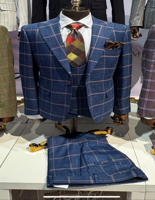 Rossiman Men’s Navy & Gray Plaid Double-Breasted Suit - Two-Piece Formalwear - USA Men's Outlet