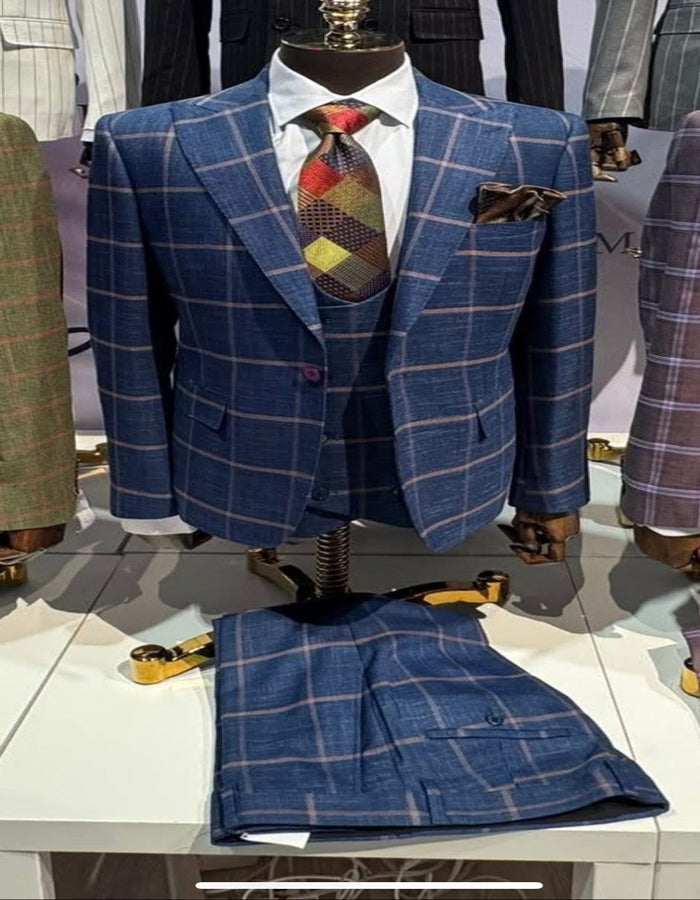Rossiman Men’s Navy & Gray Plaid Double-Breasted Suit - Two-Piece Formalwear - USA Men's Outlet