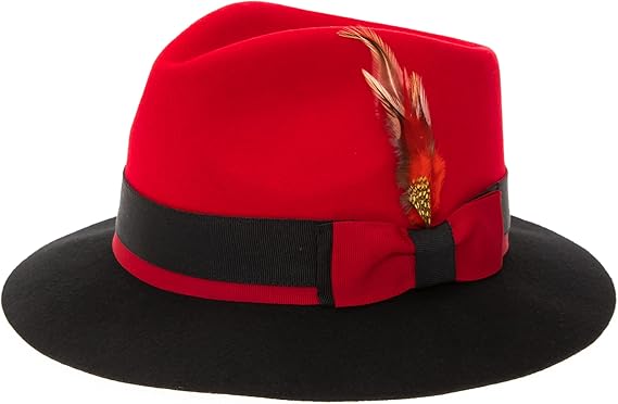 Gangster 100% Austrailian Wool Crushable Mens Fedora Hat - Removable Feather Gangster Red and Black Mens Fedora Hat USA Men's Outlet