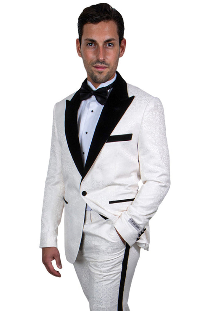 Men's Stylish Ivory & Black Stacy Adams Paisley Prom & Wedding Tuxedo