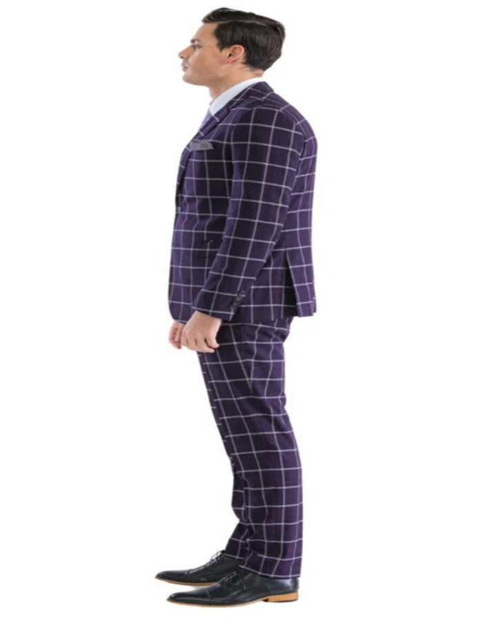 Mens Plaid Suit - Windowpane Pattern With Vest - Business Suit Burgundy by USA Men's Outlet