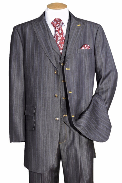 Mens 3 Button Vested Peak Lapel Denim Suit in Black by Fortino Landiin
