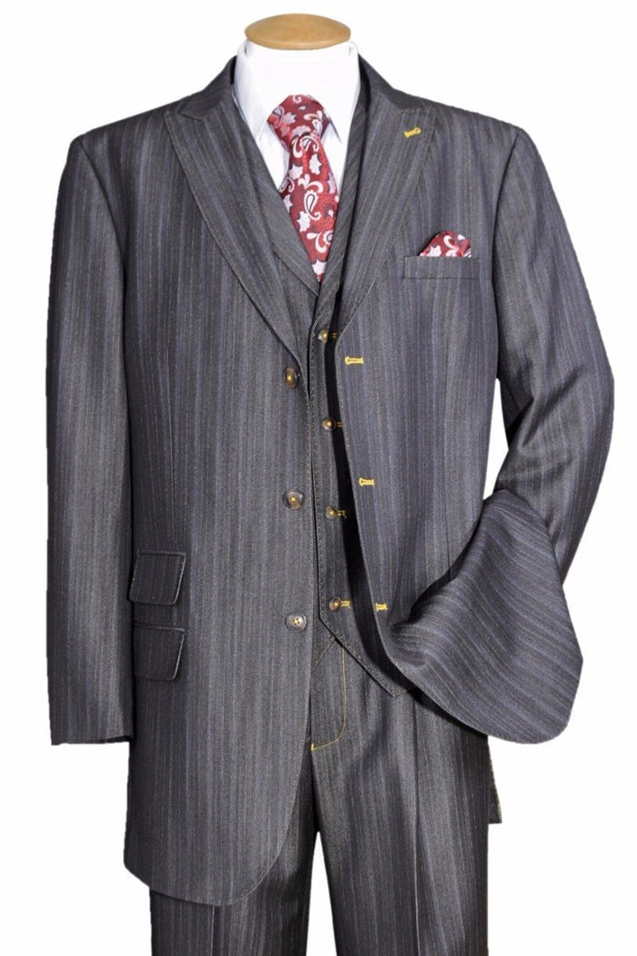 Mens 3 Button Vested Peak Lapel Denim Suit in Black by Fortino Landiin