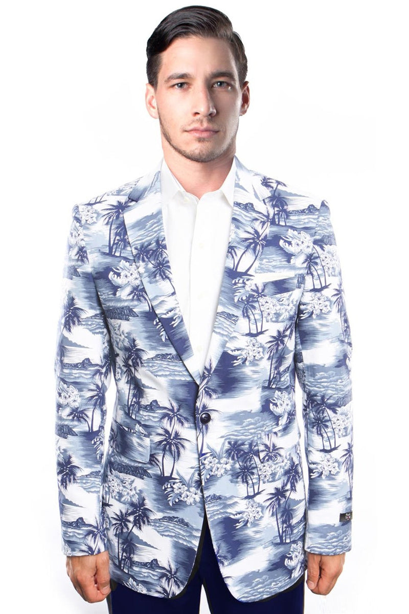 Men's Tropical Print Slim Fit Blazer in Blue & White