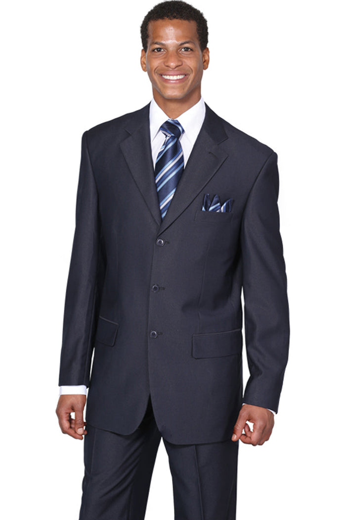 Mens Classic 3 Button Wool Feel Suit in Navy Blue by Fortino Landiin