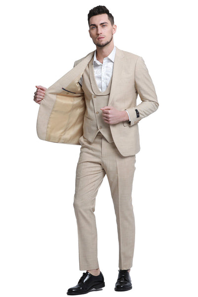 Men's Khaki Sharkskin Suit with Double Breasted Vest