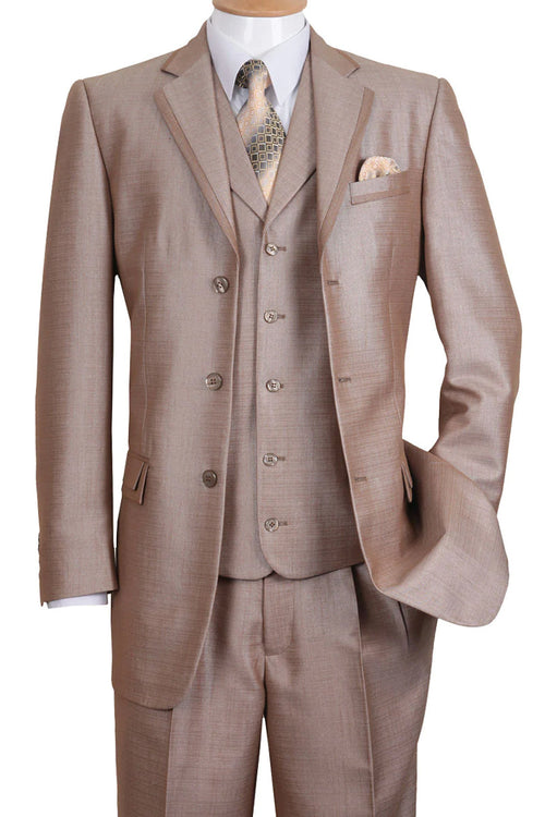 Mens 3 Button Vested Textured Shiny Sharkskin Church Suit in Tan by Fortino Landi