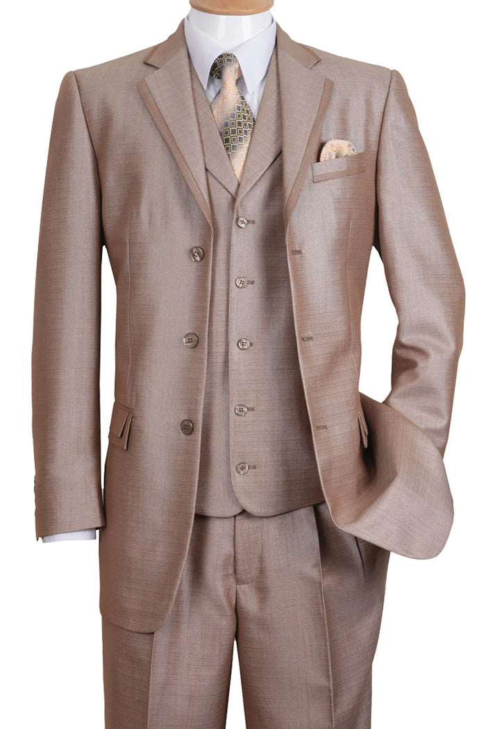 Mens 3 Button Vested Textured Shiny Sharkskin Church Suit in Tan by Fortino Landi