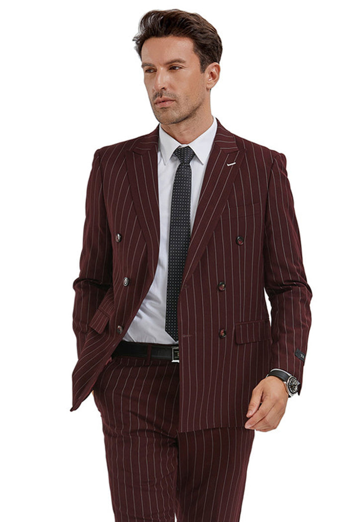 Men's Slim Fit Burgundy Pinstripe Suit by Tazio Suits
