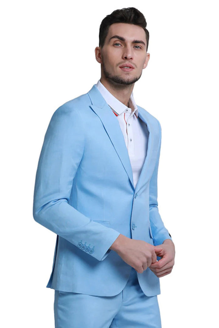 Mens Two Button Peak Lapel Summer Linen Style Beach Wedding Suit in Baby Blue