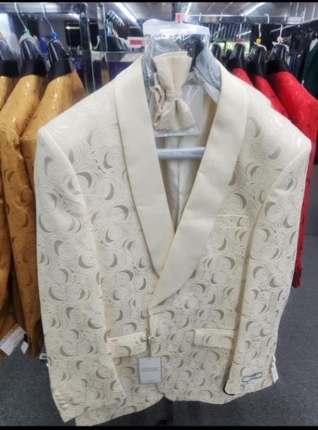 Paisley Tuxedo Dinner Jacket - Ivory - Cream - Off White Mens Blazer + Bowtie - Prom 2026 Jackets by mensusain