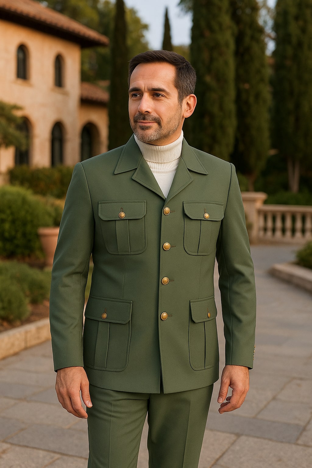 Mens Olive Green Safari Suit Set with Utility Jacket and Adjustable Waist Pants
