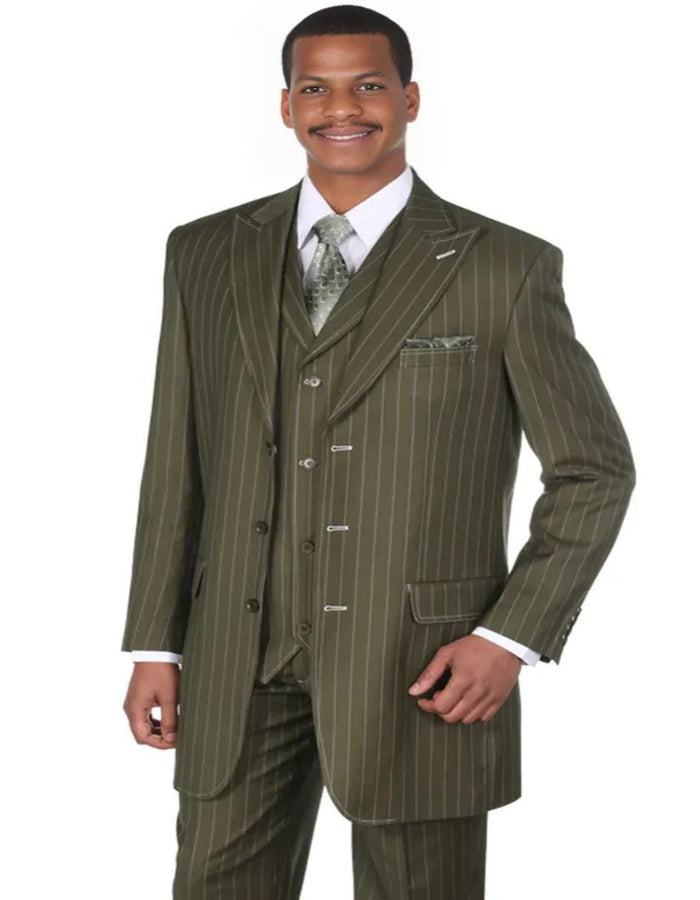 Pleated Dress Men Suits - Mens Vintage Vested Gangster Bold Pinstripe Fashion Olive Green Suit by Men's Tuxedo USA