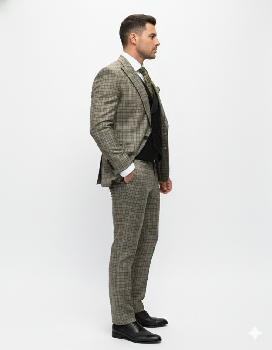 Statement Suits - Wool Suits - Peak Lapel Suits - Ticket Pocket - Modern Fit - Olive Suit by Men's Tuxedo USA