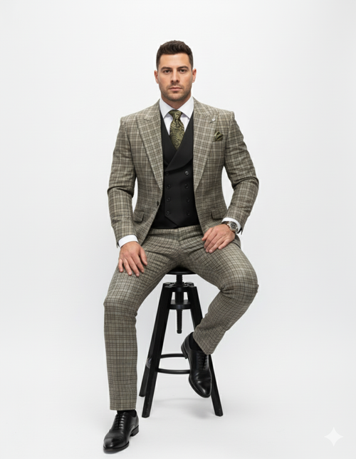 Statement Suits - Wool Suits - Peak Lapel Suits - Ticket Pocket - Modern Fit - Olive Suit by Men's Tuxedo USA