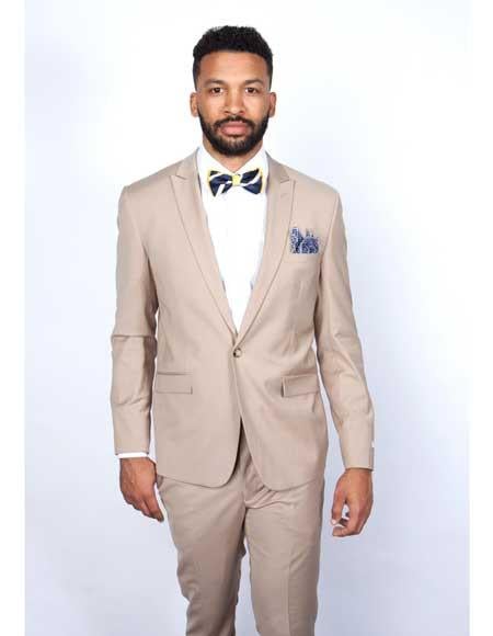 Beige Slim Fit Suit for Men by Rossiman Rossi - Tailored Skinny Fit Formal Suit - Italian 3-Piece Luxury Design USA Men's Outlet