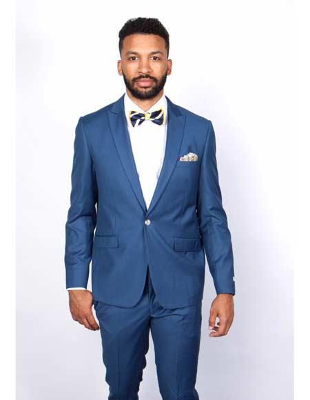 Blue Slim Fit Men’s Suit by Rossiman Rossi - Skinny Style with 1-Button Jacket - Italian Tailored Modern Formalwear at USA Men's Outlet