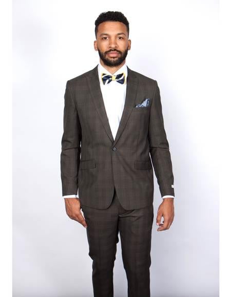 Men’s Brown Plaid Slim Fit Suit by Rossiman Rossi - Peak Lapel Jacket & Tapered Pants - Italian Tailored 3-Piece Classic Suit