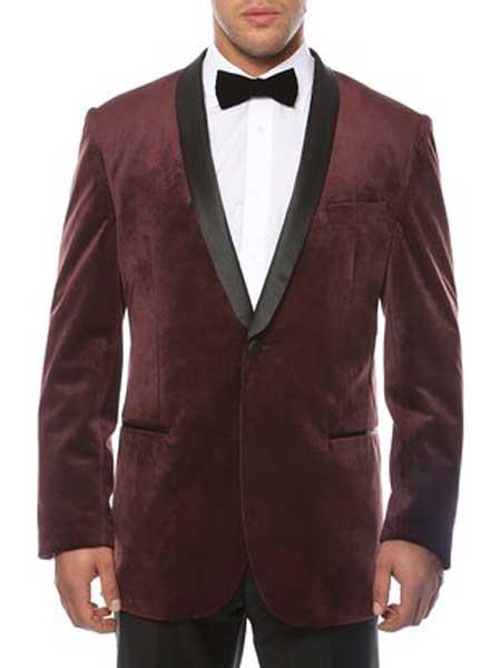 Men's 1 Button Burgundy ~ Wine ~ Maroon Blazer - Sport Coat Shawl Lapel Black Velvet Sheen Two Toned With Black Lapel Side Vented Men's blazer Burgundy Blazer - Sport Coat mensusain